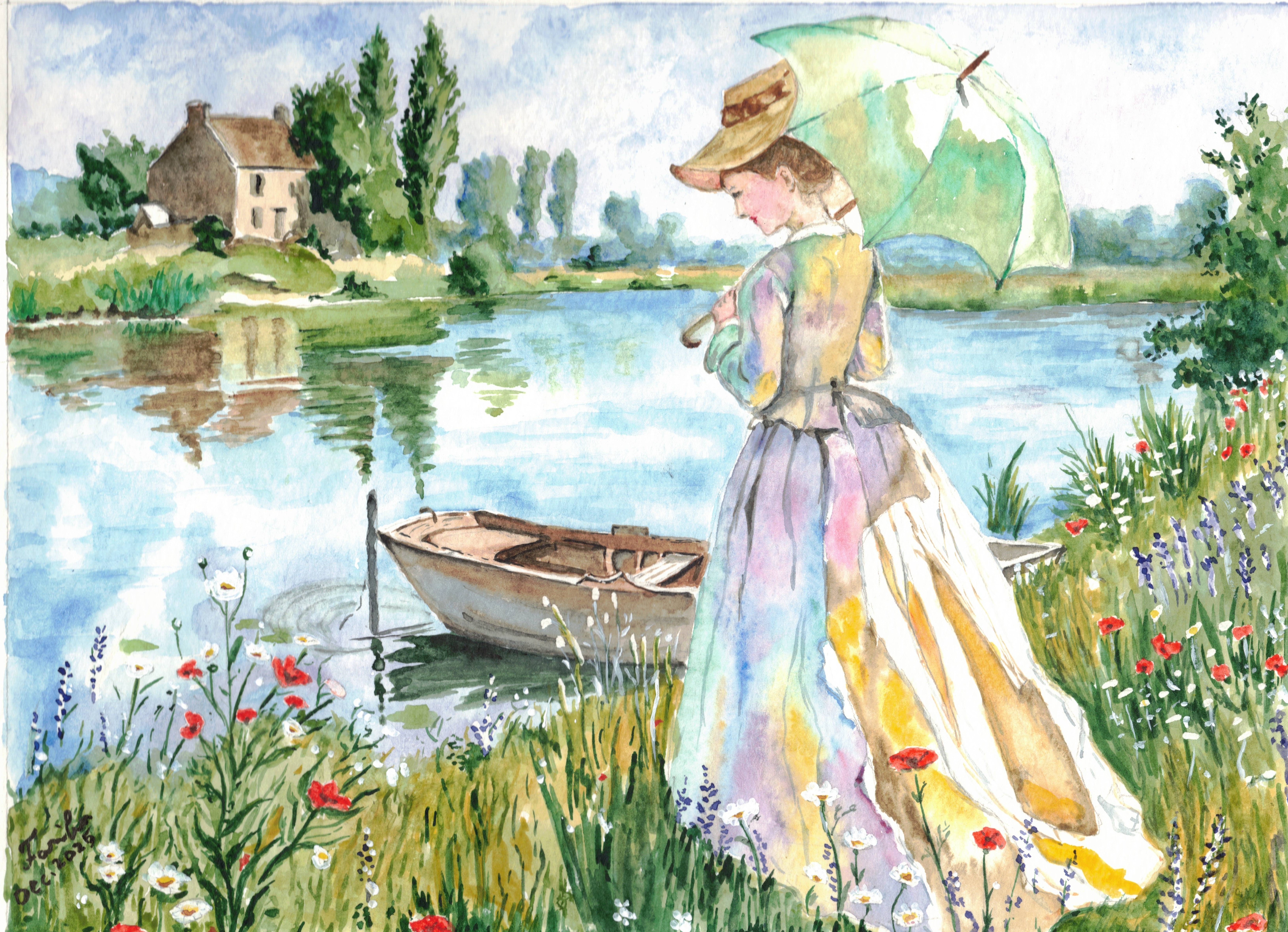 Watercolor painting of a person with a parasol