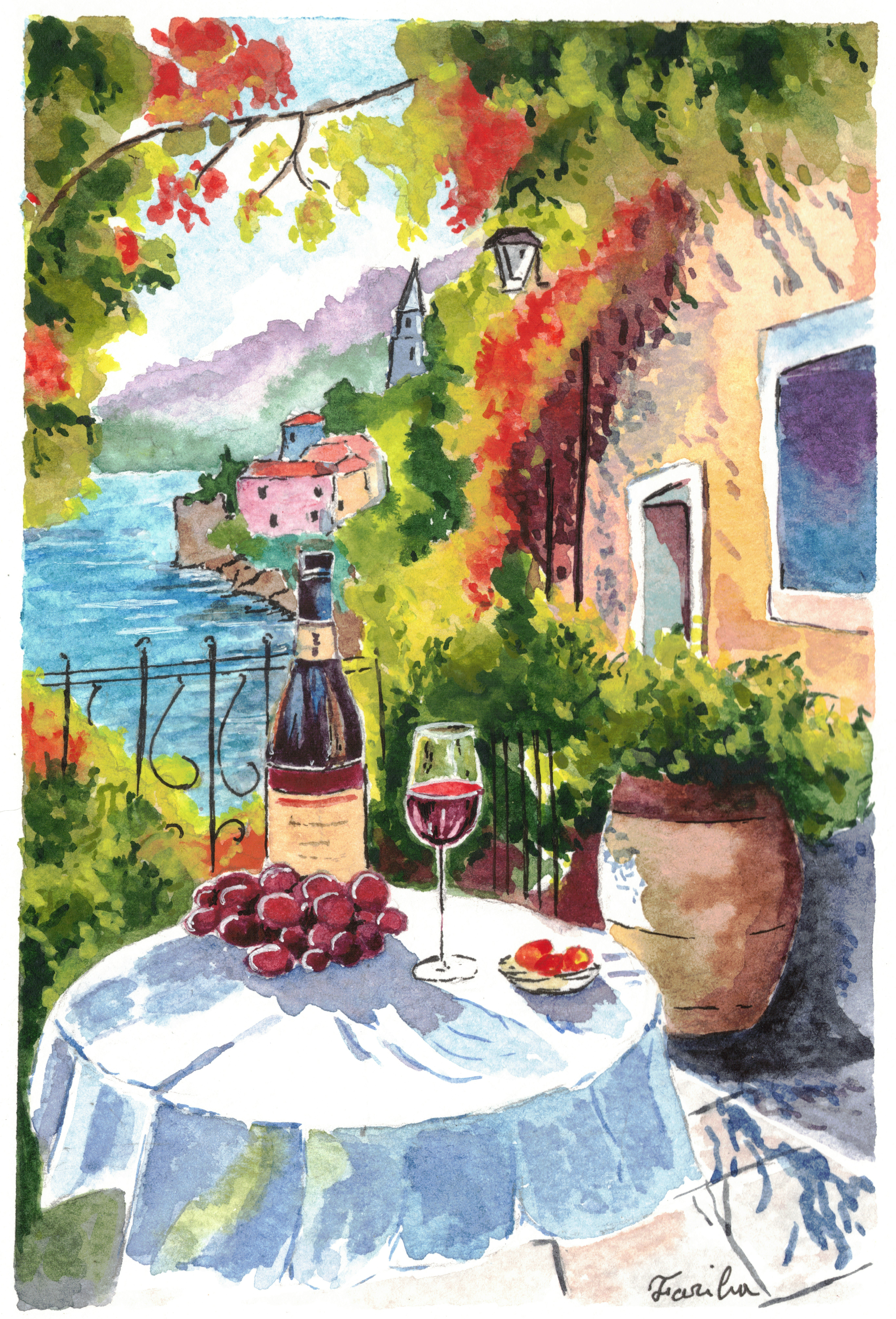 Greeting card with sun-drenched coastal scene